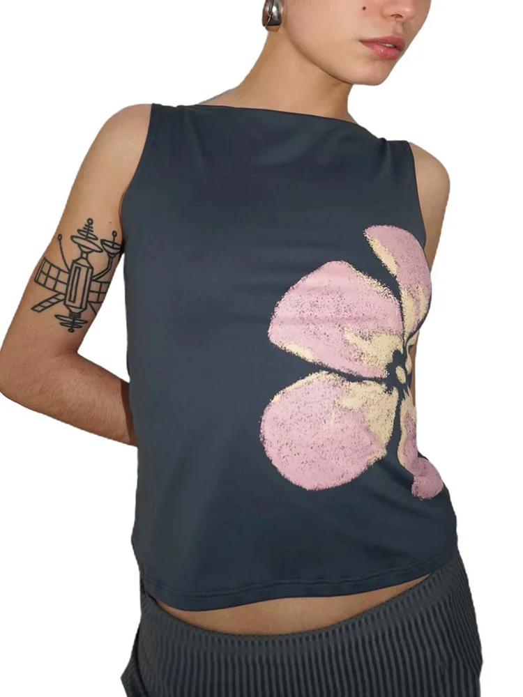 Women's Flower Print Crop Tank Top Fitted Boat Neck Sleeveless Summer Top for Party Club 2025 New Fashion