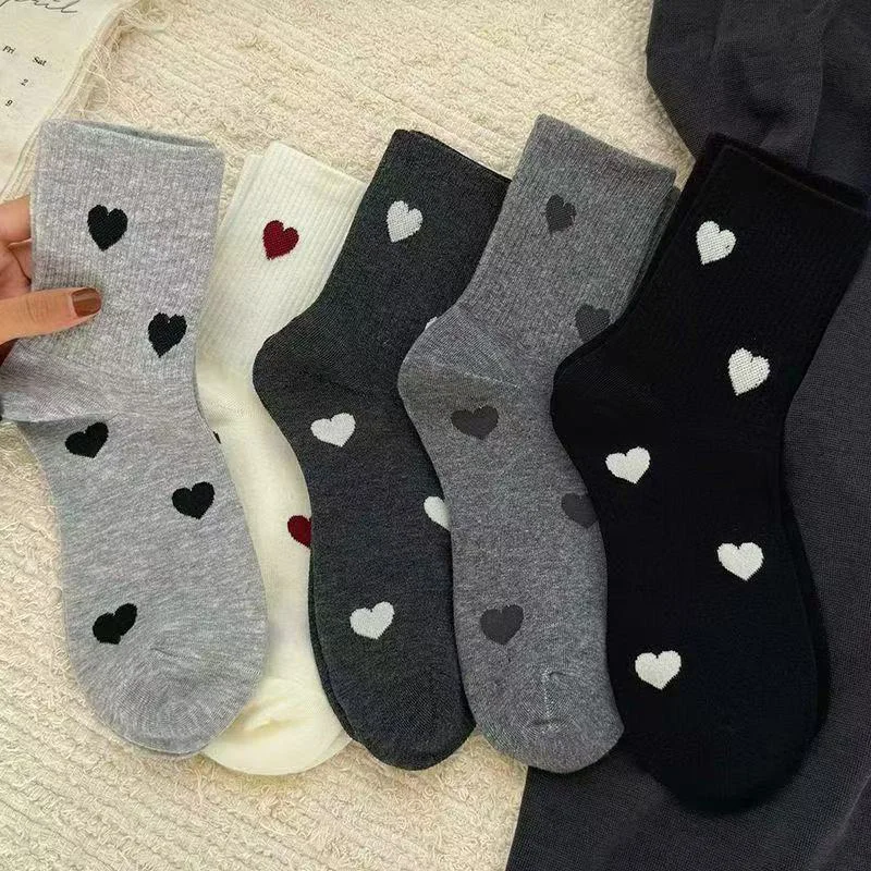 5 Pairs Women's Cute Heart Shaped Mid Tube Socks Spring and Autumn New Ins Trendy Versatile High Beauty Duty Series Socks