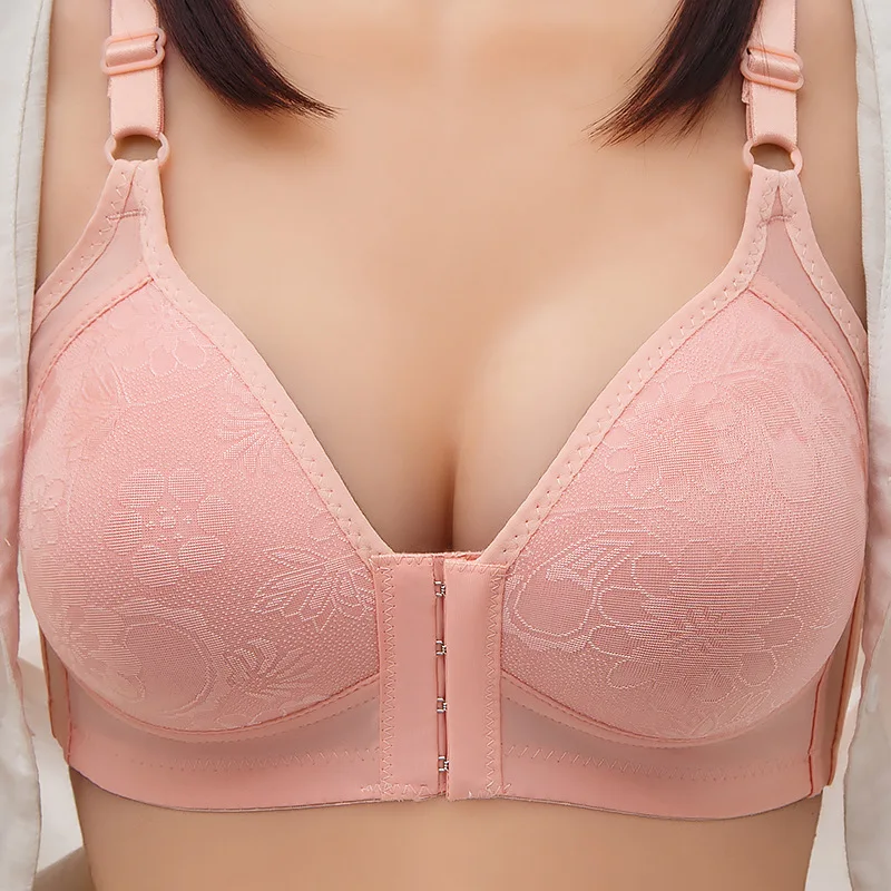1pcs Womens Front Clasp Full Cup Bras No Steel Ring Support Lace Bralettes Large Size Mom Brassiere Comfort Ventilate Underwears