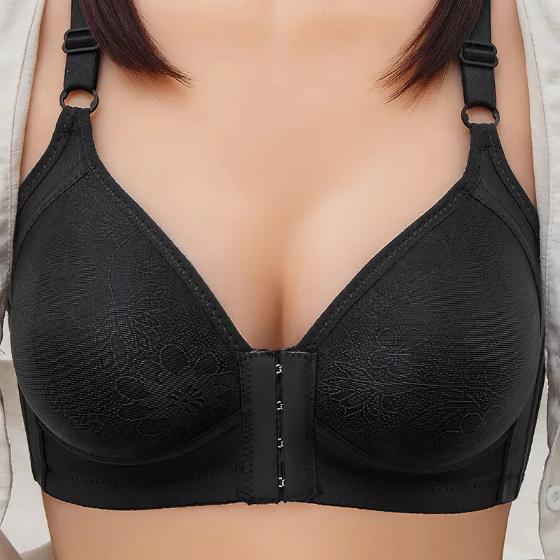 1pcs Womens Front Clasp Full Cup Bras No Steel Ring Support Lace Bralettes Large Size Mom Brassiere Comfort Ventilate Underwears