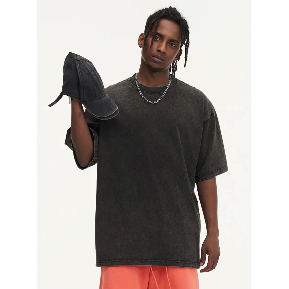 230G Cotton Retro T-shirt Drop-shoulder Sleeve Men Women Vintage Short-sleeve T Shirts Solid Color Hip Hop Loose Tees