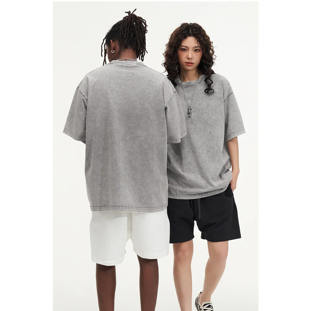 230G Cotton Retro T-shirt Drop-shoulder Sleeve Men Women Vintage Short-sleeve T Shirts Solid Color Hip Hop Loose Tees