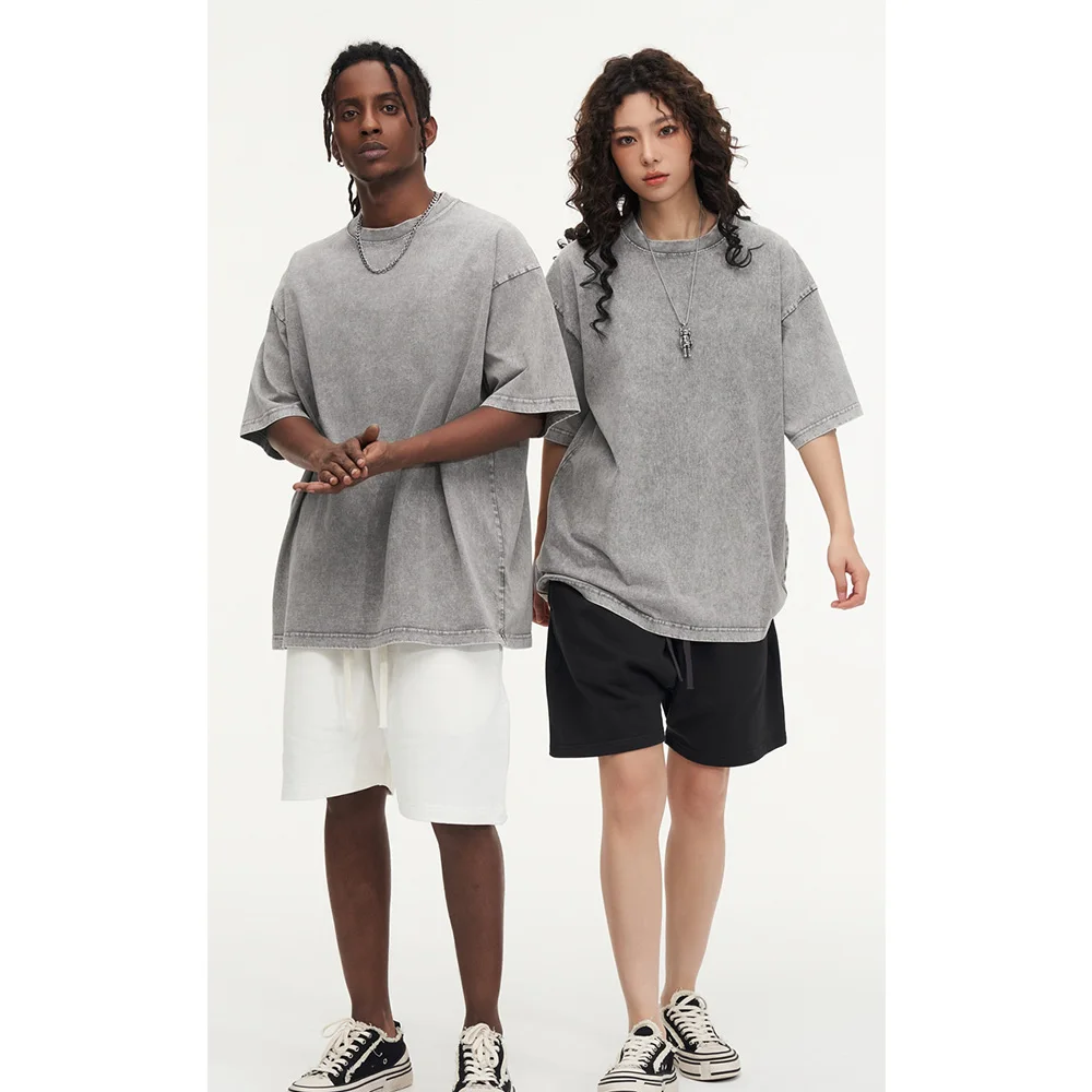 230G Cotton Retro T-shirt Drop-shoulder Sleeve Men Women Vintage Short-sleeve T Shirts Solid Color Hip Hop Loose Tees