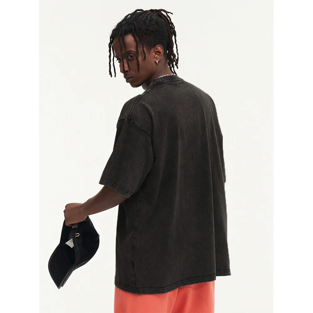 230G Cotton Retro T-shirt Drop-shoulder Sleeve Men Women Vintage Short-sleeve T Shirts Solid Color Hip Hop Loose Tees