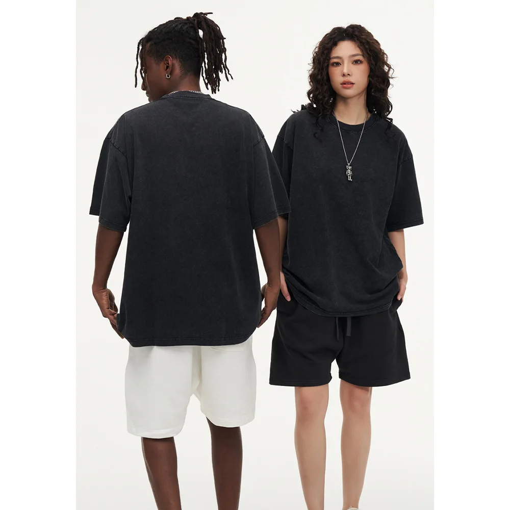 230G Cotton Retro T-shirt Drop-shoulder Sleeve Men Women Vintage Short-sleeve T Shirts Solid Color Hip Hop Loose Tees