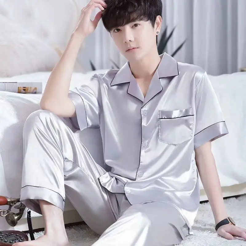 New Ice Silk Pajamas, Men's Summer Short-Sleeved Trousers, Thin High-End Simulated Silk Plus-Size Loose Loungewear Two-Piece Set