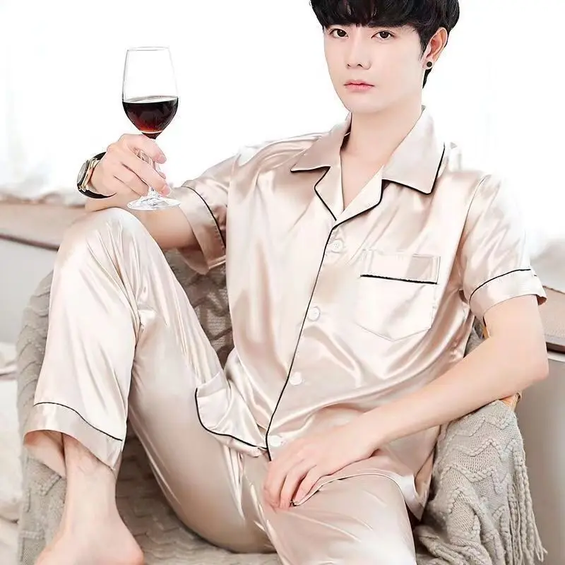 New Ice Silk Pajamas, Men's Summer Short-Sleeved Trousers, Thin High-End Simulated Silk Plus-Size Loose Loungewear Two-Piece Set
