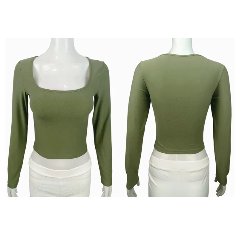 Long Sleeve T-shirt Slim Tops Sexy Woman Clothing Square-Cut Collar Close-fitting Tee Shirt Street Wear Fall 2025 New 2523
