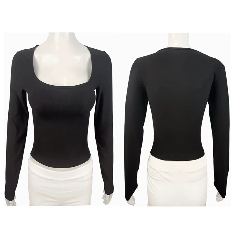 Long Sleeve T-shirt Slim Tops Sexy Woman Clothing Square-Cut Collar Close-fitting Tee Shirt Street Wear Fall 2025 New 2523