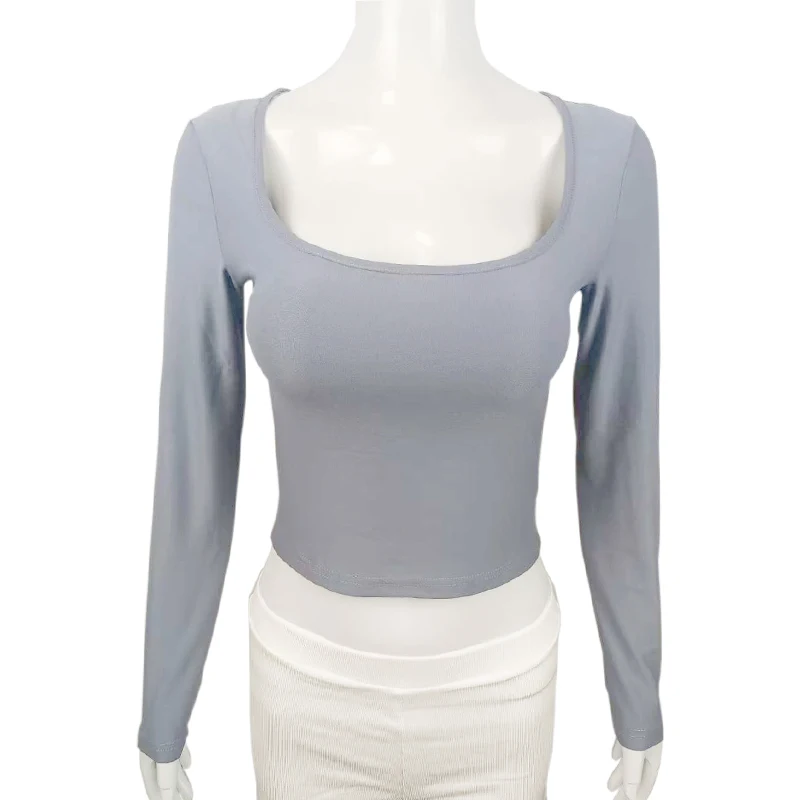 Long Sleeve T-shirt Slim Tops Sexy Woman Clothing Square-Cut Collar Close-fitting Tee Shirt Street Wear Fall 2025 New 2523