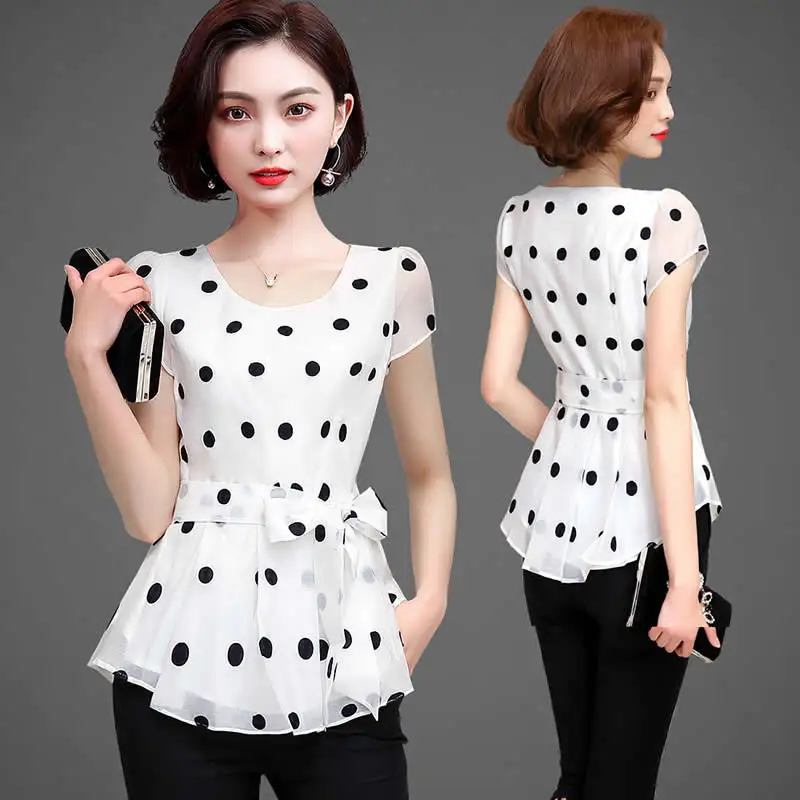 Ladies' summer fashionable age-reducing polka dot short-sleeved chiffon shirt, ladies' short-sleeved round neck fitted waist tem