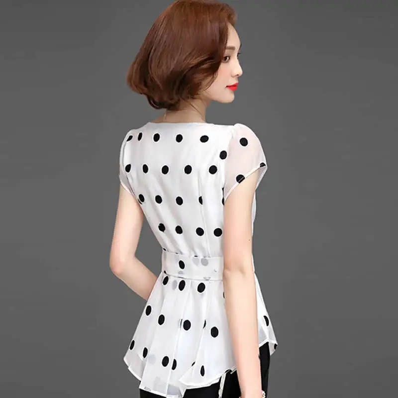 Ladies' summer fashionable age-reducing polka dot short-sleeved chiffon shirt, ladies' short-sleeved round neck fitted waist tem