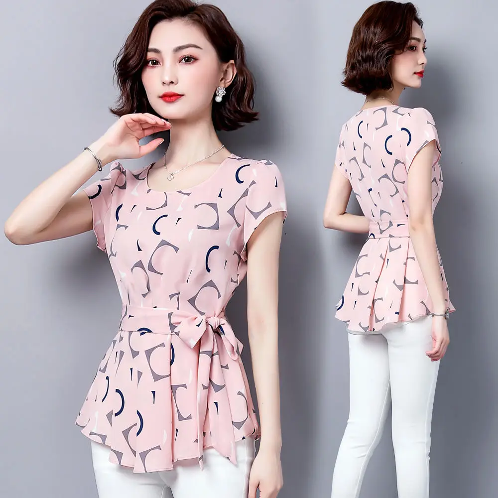 Ladies' summer fashionable age-reducing polka dot short-sleeved chiffon shirt, ladies' short-sleeved round neck fitted waist tem