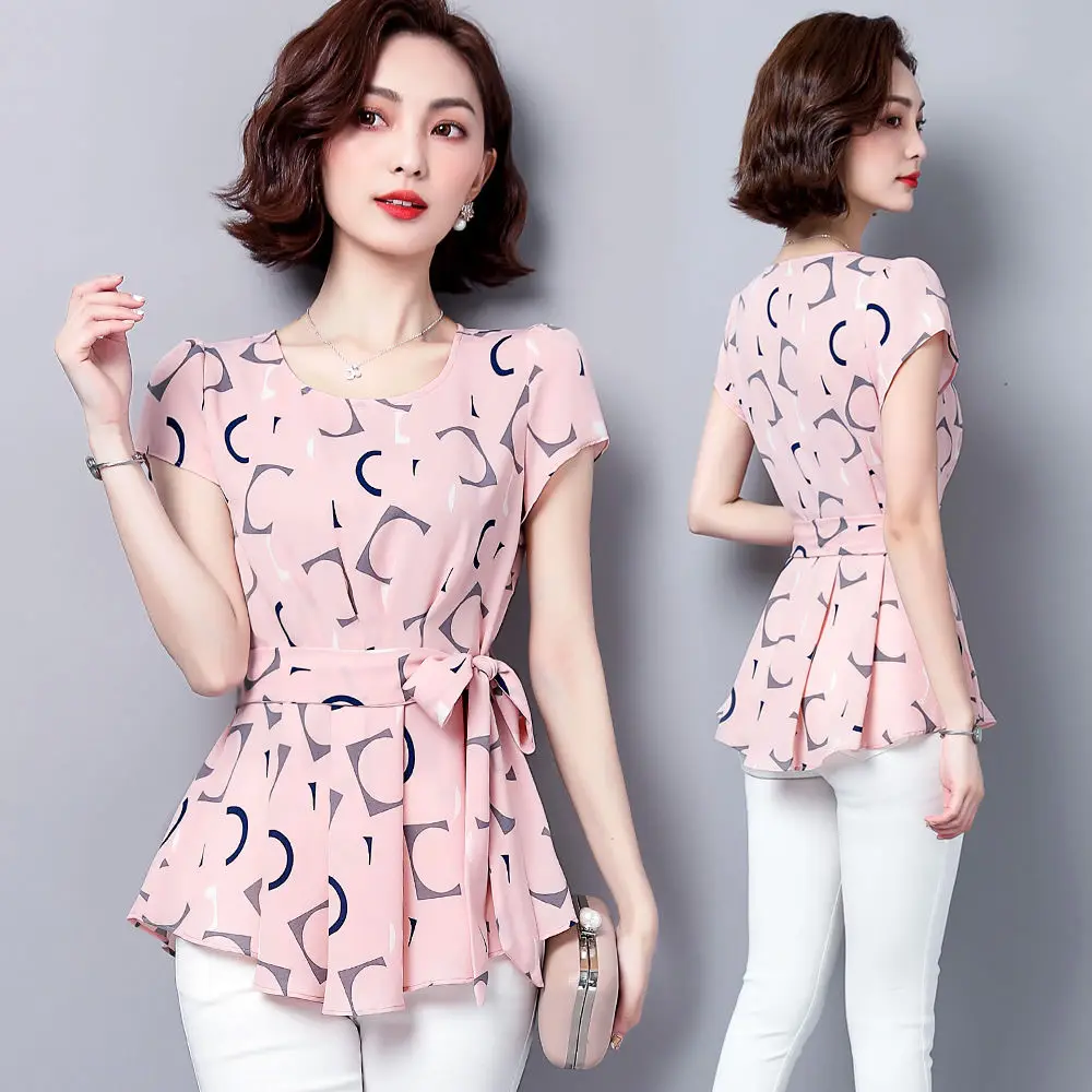 Ladies' summer fashionable age-reducing polka dot short-sleeved chiffon shirt, ladies' short-sleeved round neck fitted waist tem