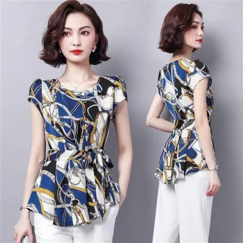 Ladies' summer fashionable age-reducing polka dot short-sleeved chiffon shirt, ladies' short-sleeved round neck fitted waist tem