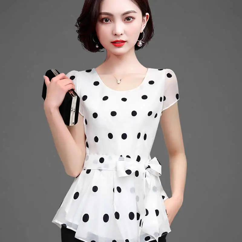 Ladies' summer fashionable age-reducing polka dot short-sleeved chiffon shirt, ladies' short-sleeved round neck fitted waist tem
