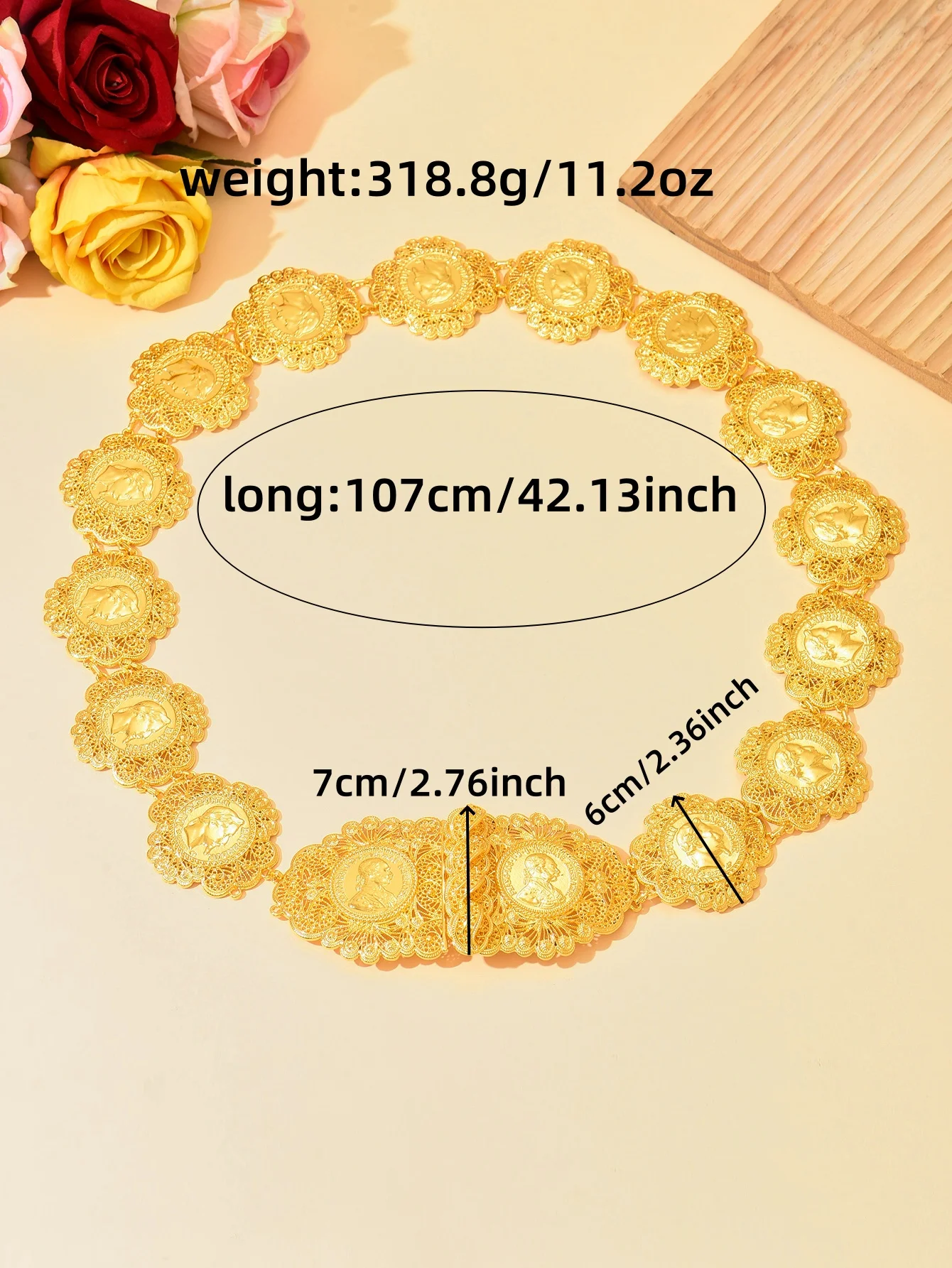 Court-Style Belt With Gold Circular Coin And Human Head Patterned Lace Trim, Hollowed-Out Design For Waistband, An Arab-Style