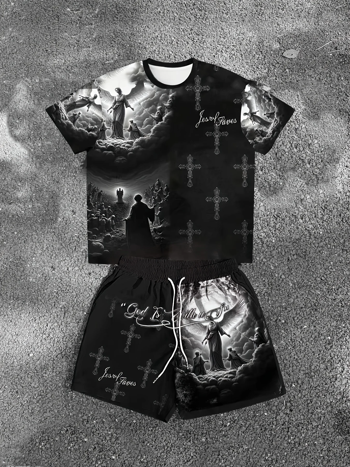 Summer Men's Angel Christ Printed Comfortable Breathable Round Neck T-shirt Shorts Taochuang Outdoor Casual Fashion Clothing