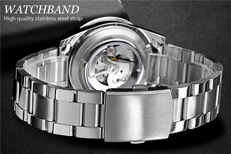 WINNER 002 Automatic Mechanical Wristwatch for Male Luminous Hands Date Fashion Stainless Steel And Leather Strap Clock Gifts