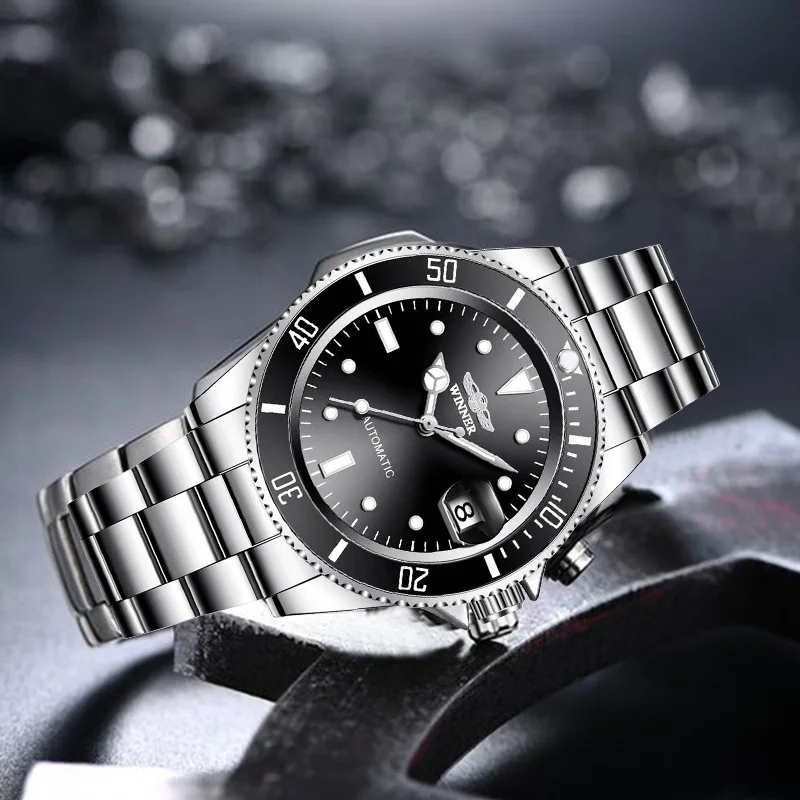 WINNER 002 Automatic Mechanical Wristwatch for Male Luminous Hands Date Fashion Stainless Steel And Leather Strap Clock Gifts