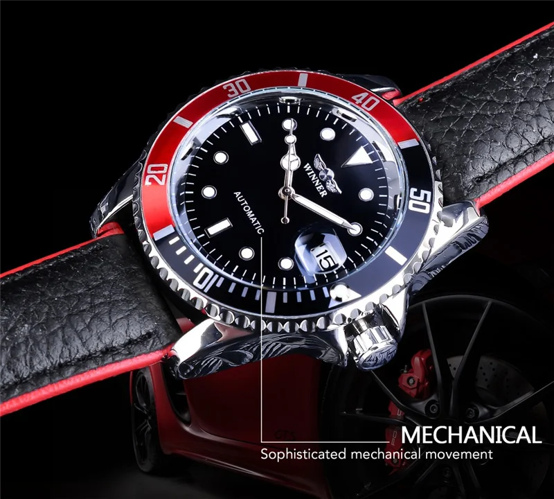 WINNER 002 Automatic Mechanical Wristwatch for Male Luminous Hands Date Fashion Stainless Steel And Leather Strap Clock Gifts