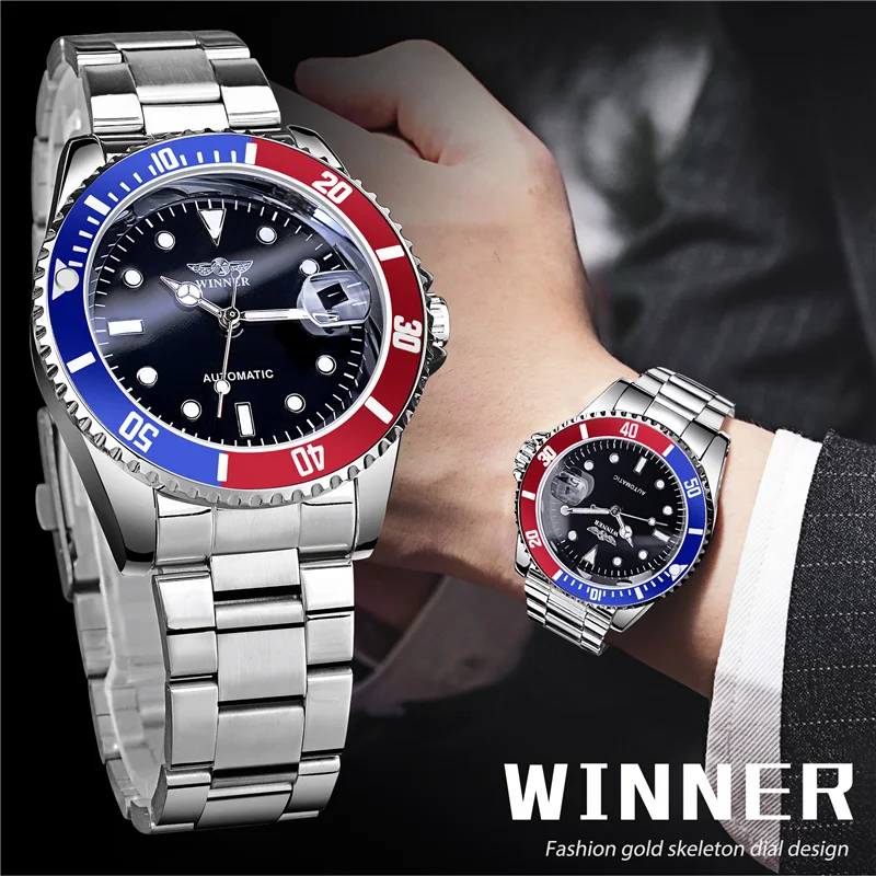 WINNER 002 Automatic Mechanical Wristwatch for Male Luminous Hands Date Fashion Stainless Steel And Leather Strap Clock Gifts