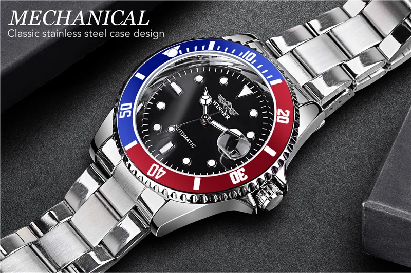 WINNER 002 Automatic Mechanical Wristwatch for Male Luminous Hands Date Fashion Stainless Steel And Leather Strap Clock Gifts