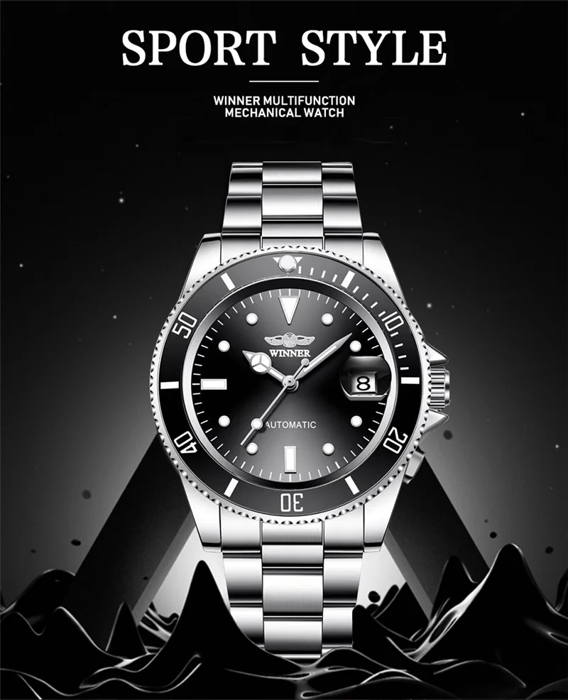 WINNER 002 Automatic Mechanical Wristwatch for Male Luminous Hands Date Fashion Stainless Steel And Leather Strap Clock Gifts