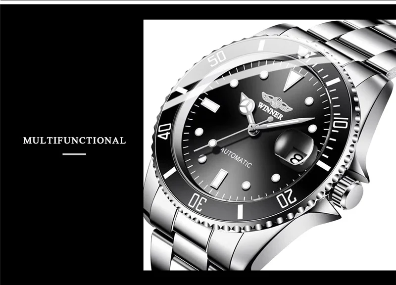 WINNER 002 Automatic Mechanical Wristwatch for Male Luminous Hands Date Fashion Stainless Steel And Leather Strap Clock Gifts