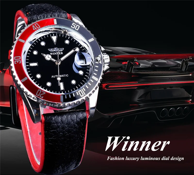 WINNER 002 Automatic Mechanical Wristwatch for Male Luminous Hands Date Fashion Stainless Steel And Leather Strap Clock Gifts