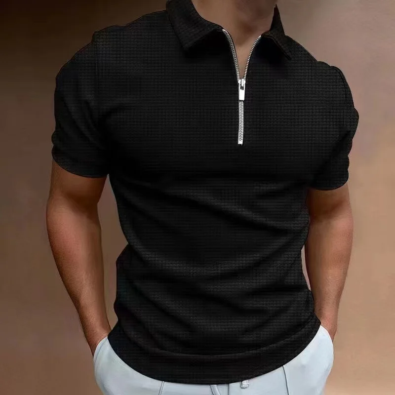 2025 Summer Men's Solid Color Waffle Polo Shirt Short Sleeve Collar Zipper T-shirt&Men's Casual Street Wear New Men's Top
