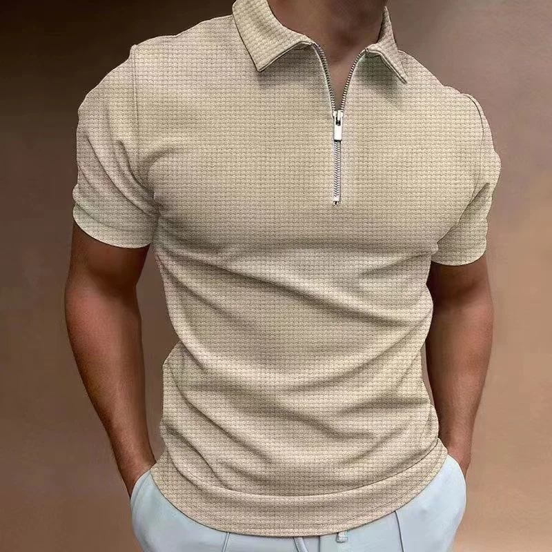 2025 Summer Men's Solid Color Waffle Polo Shirt Short Sleeve Collar Zipper T-shirt&Men's Casual Street Wear New Men's Top