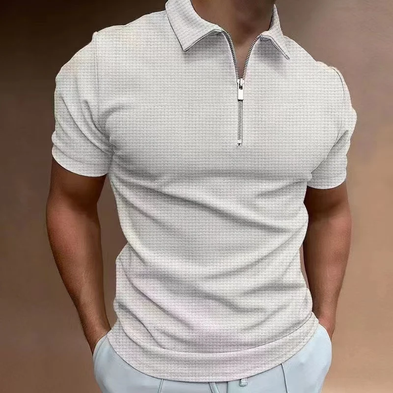 2025 Summer Men's Solid Color Waffle Polo Shirt Short Sleeve Collar Zipper T-shirt&Men's Casual Street Wear New Men's Top