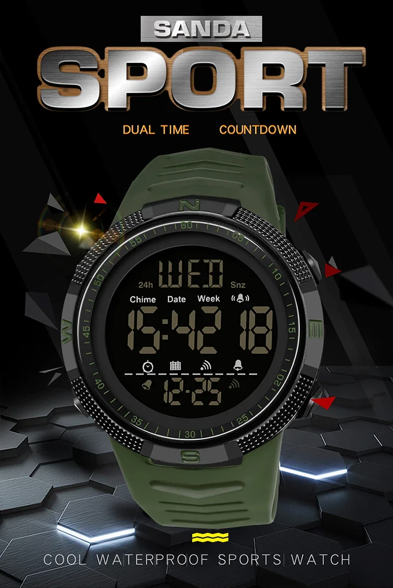 SANDA 6014 Military Sport Watch for Men Clock Digital Wristwatches Shockproof Countdown Waterproof Bracelet Relojes Para Hombre