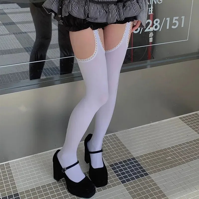 Women White Sexy Stockings with Belt Suspender Wide-banded Tights Lolita Thigh High Stockings with Garters Over The Knee Socks