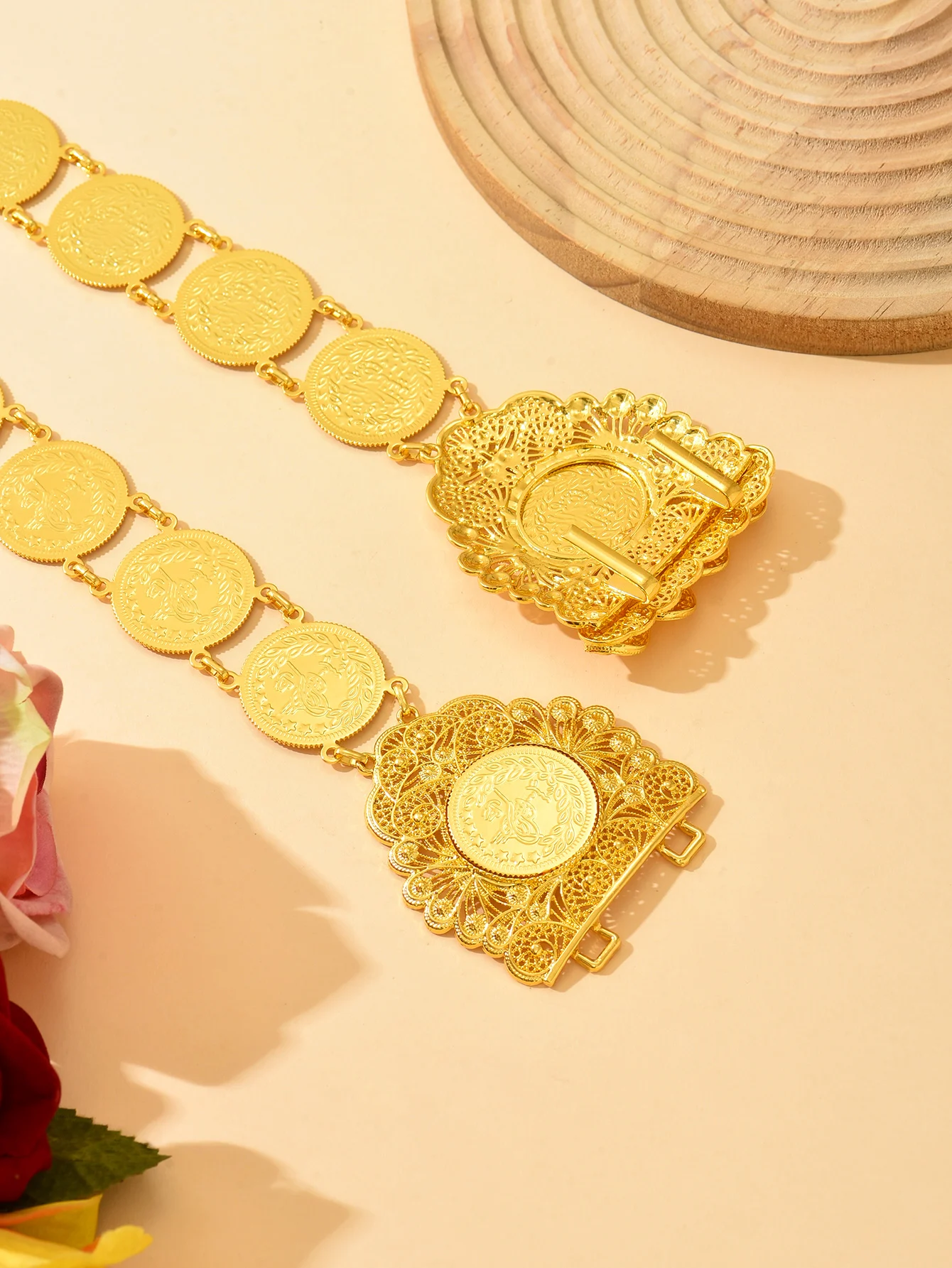 Coin-Shaped Golden Arabian-Style Bridal Belt for Ethnic Wedding Accessories, Luxurious Algerian Long Robe Wedding Sash