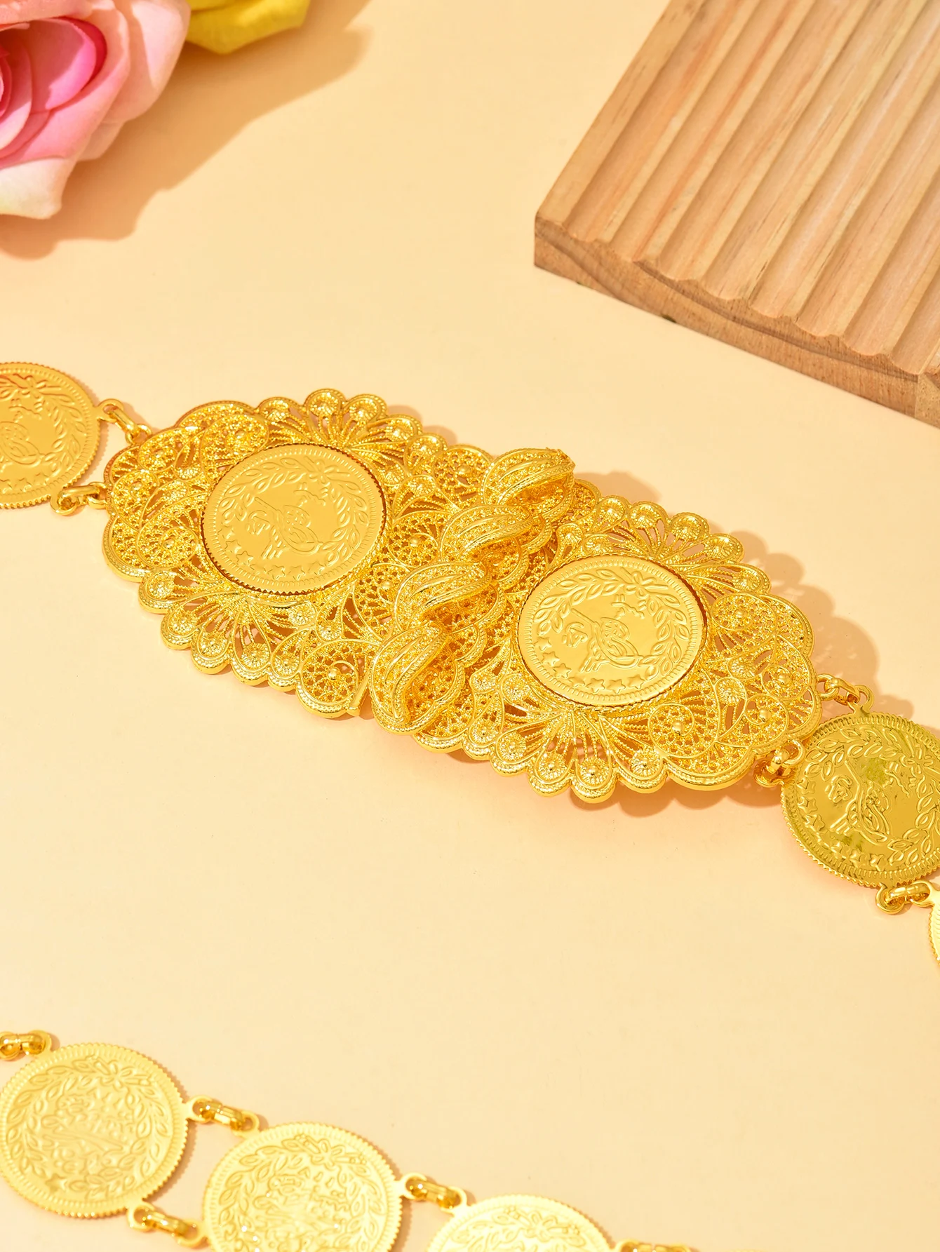 Coin-Shaped Golden Arabian-Style Bridal Belt for Ethnic Wedding Accessories, Luxurious Algerian Long Robe Wedding Sash