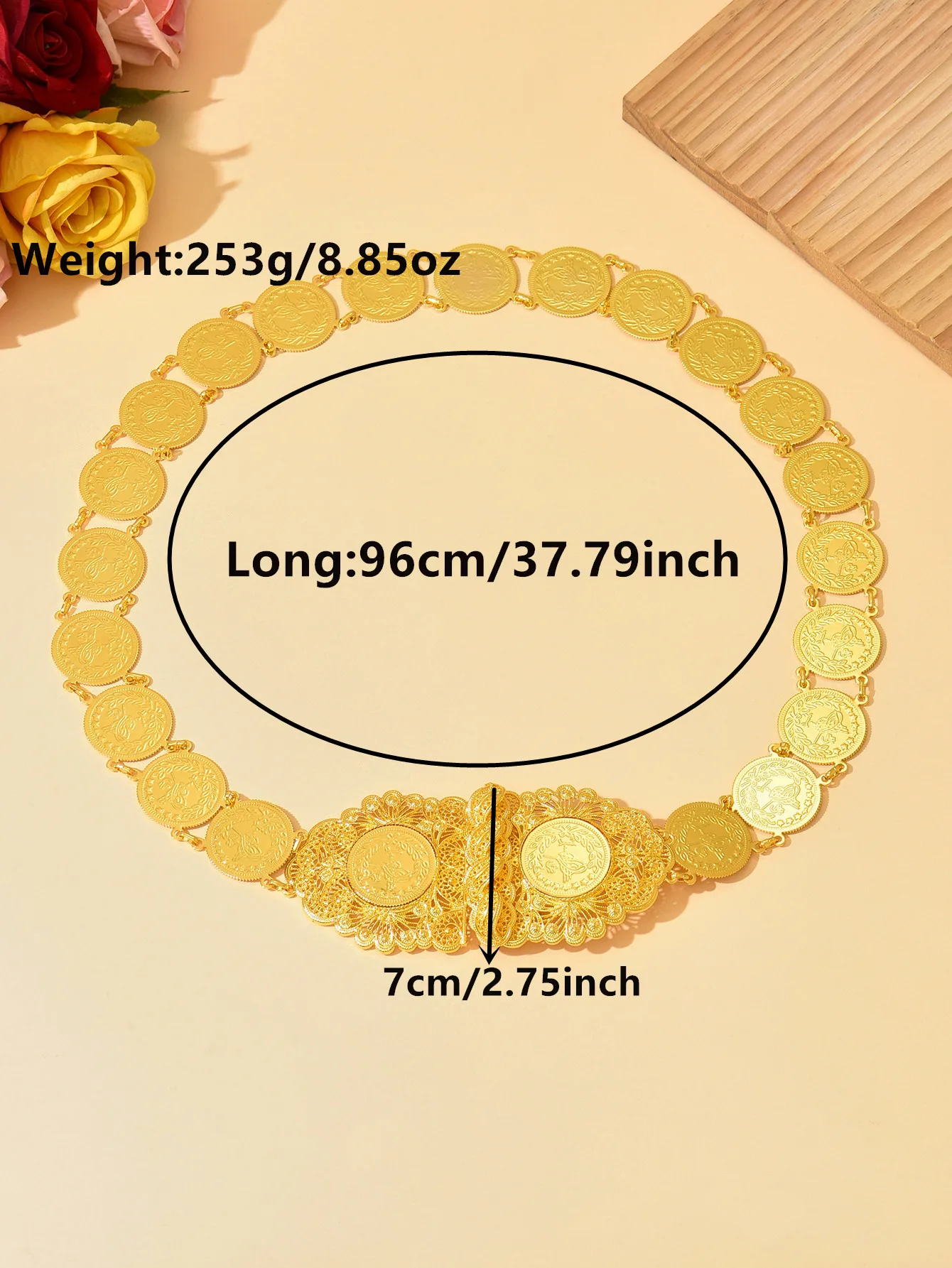 Coin-Shaped Golden Arabian-Style Bridal Belt for Ethnic Wedding Accessories, Luxurious Algerian Long Robe Wedding Sash