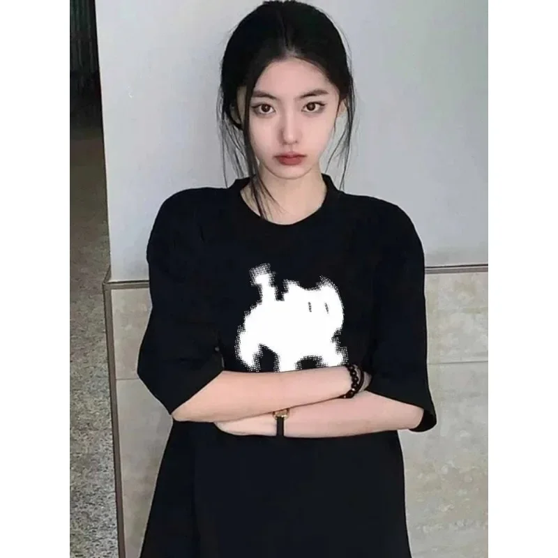 Summer Y2k Aesthetic Cat Print Basic Short Sleeve T-shirts Streetwear Tops Women Casual Harajuku Round Neck Tee Clothing