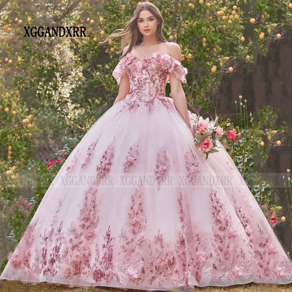 Luxury Pink/Lilac Quinceanera Dress 2026 3D Floral Flowers Princess Ball Gown Sweet 15 Vestidos De XV Años Party Gown Big Bow