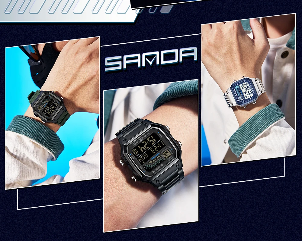 SANDA 6196 Luxury Men's Electronic Watch with Multi Functional Luminous Dial Calendar Waterproof Fashion Men's Digital Watch