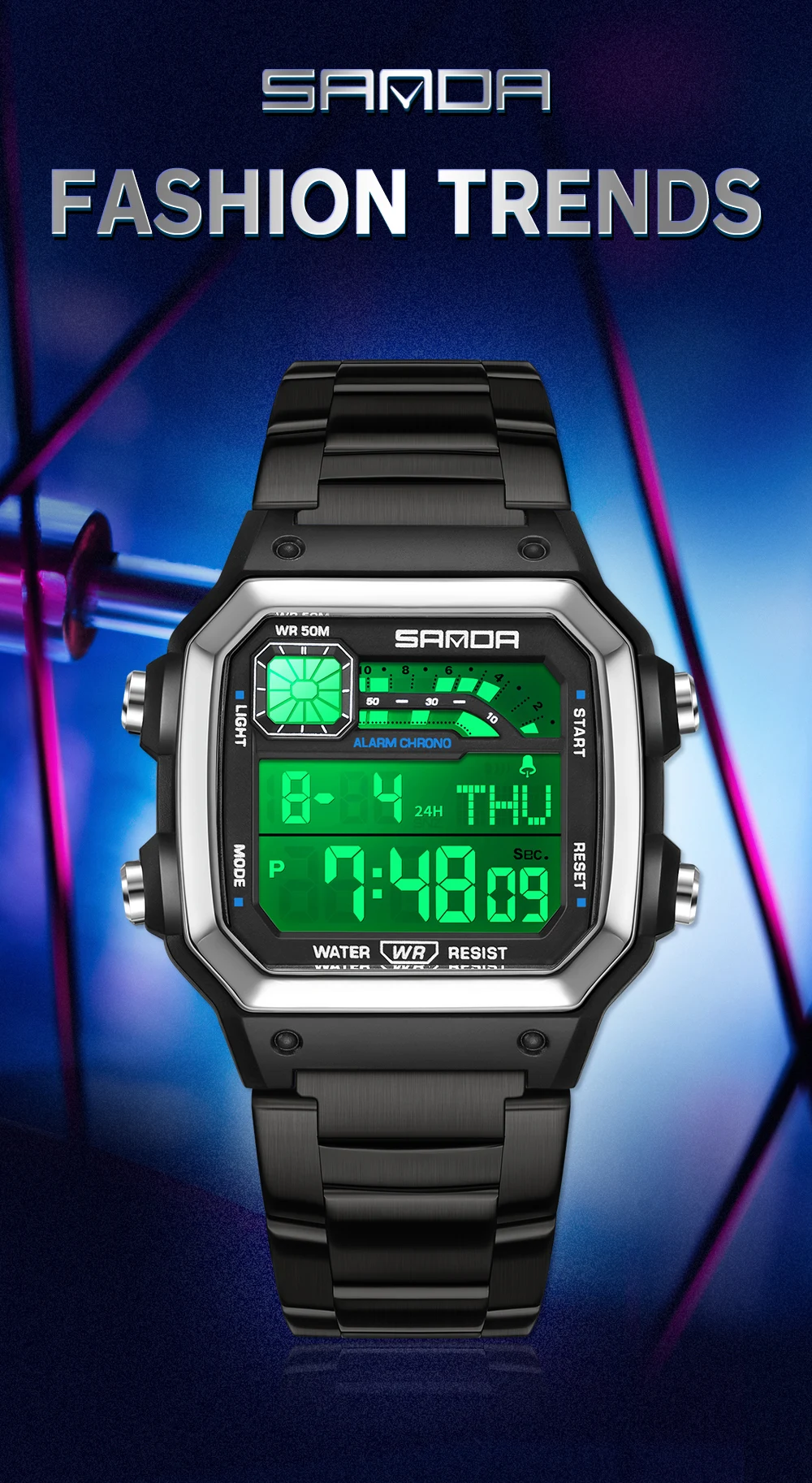 SANDA 6196 Luxury Men's Electronic Watch with Multi Functional Luminous Dial Calendar Waterproof Fashion Men's Digital Watch