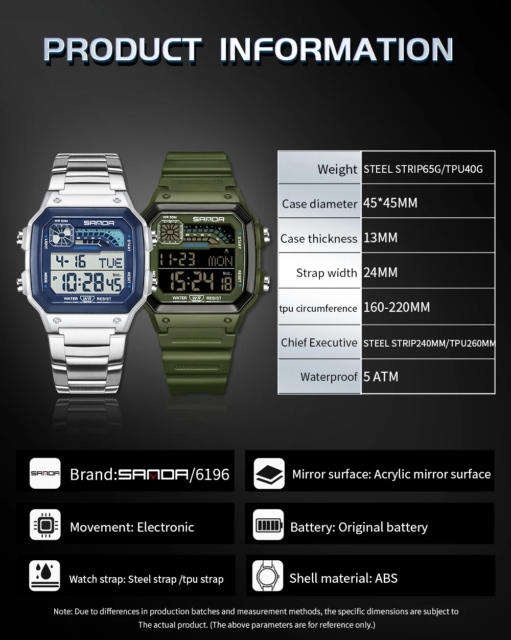 SANDA 6196 Luxury Men's Electronic Watch with Multi Functional Luminous Dial Calendar Waterproof Fashion Men's Digital Watch