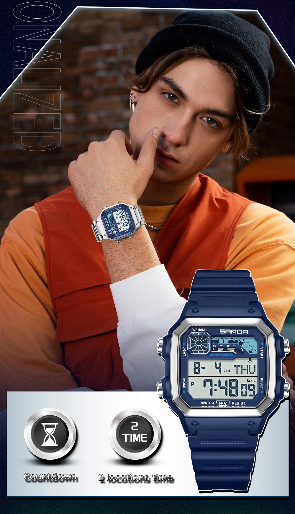 SANDA 6196 Luxury Men's Electronic Watch with Multi Functional Luminous Dial Calendar Waterproof Fashion Men's Digital Watch