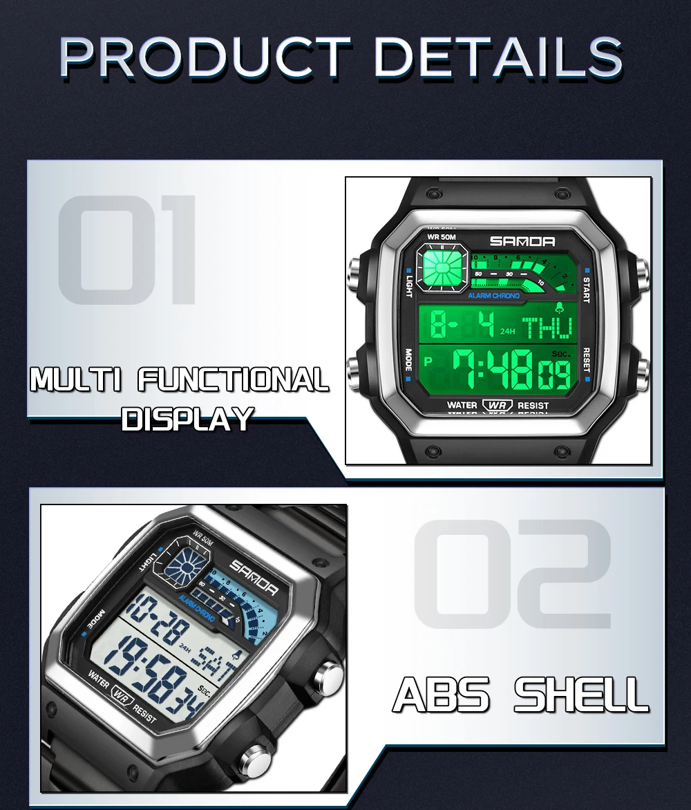SANDA 6196 Luxury Men's Electronic Watch with Multi Functional Luminous Dial Calendar Waterproof Fashion Men's Digital Watch