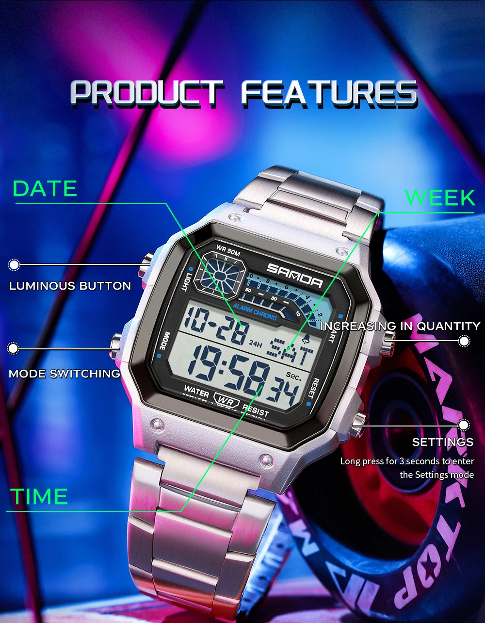 SANDA 6196 Luxury Men's Electronic Watch with Multi Functional Luminous Dial Calendar Waterproof Fashion Men's Digital Watch