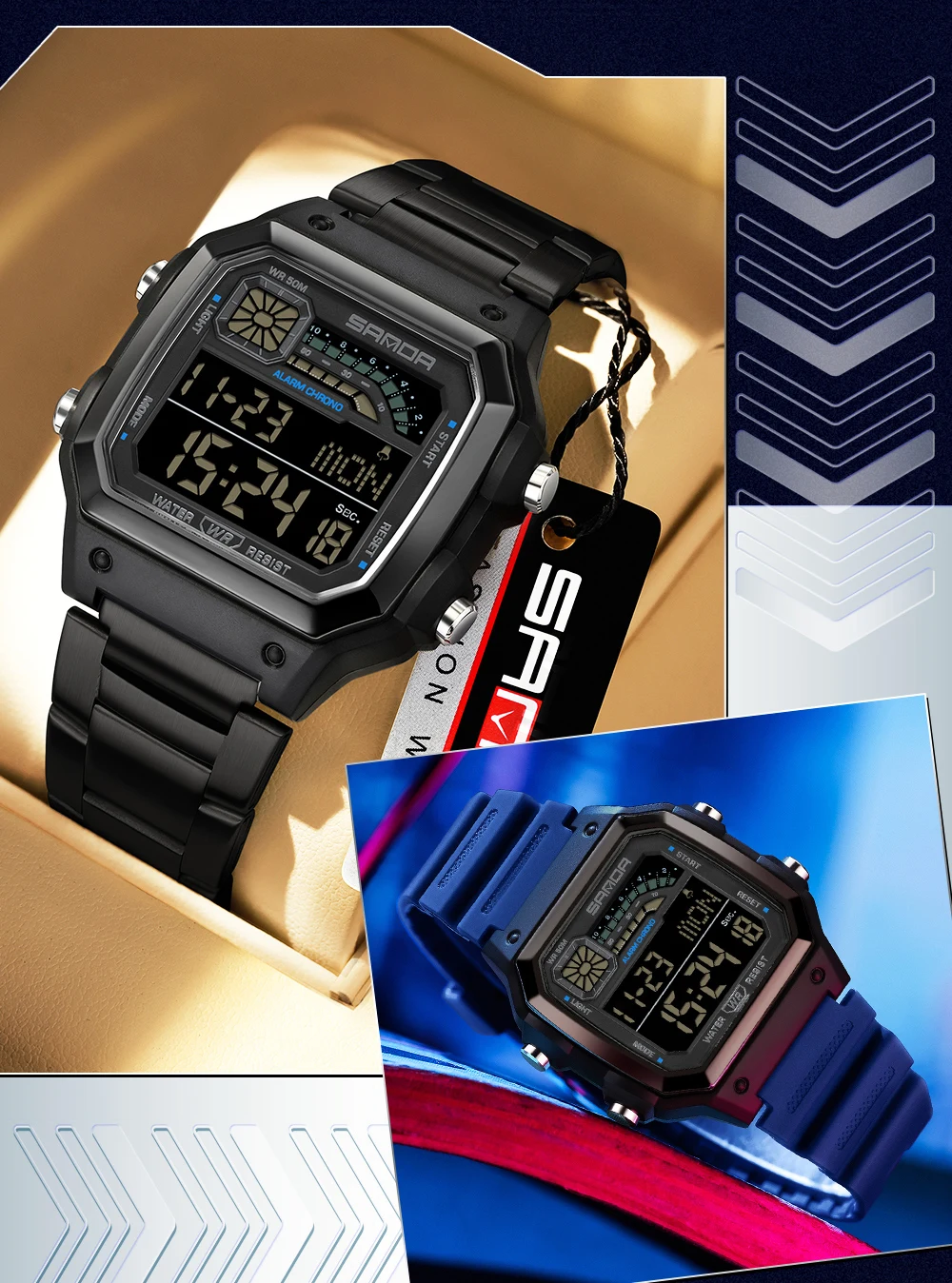 SANDA 6196 Luxury Men's Electronic Watch with Multi Functional Luminous Dial Calendar Waterproof Fashion Men's Digital Watch