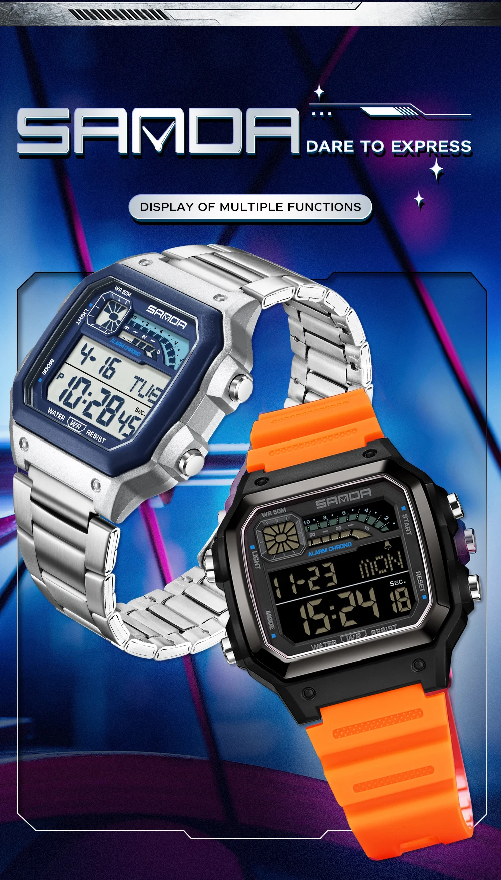 SANDA 6196 Luxury Men's Electronic Watch with Multi Functional Luminous Dial Calendar Waterproof Fashion Men's Digital Watch