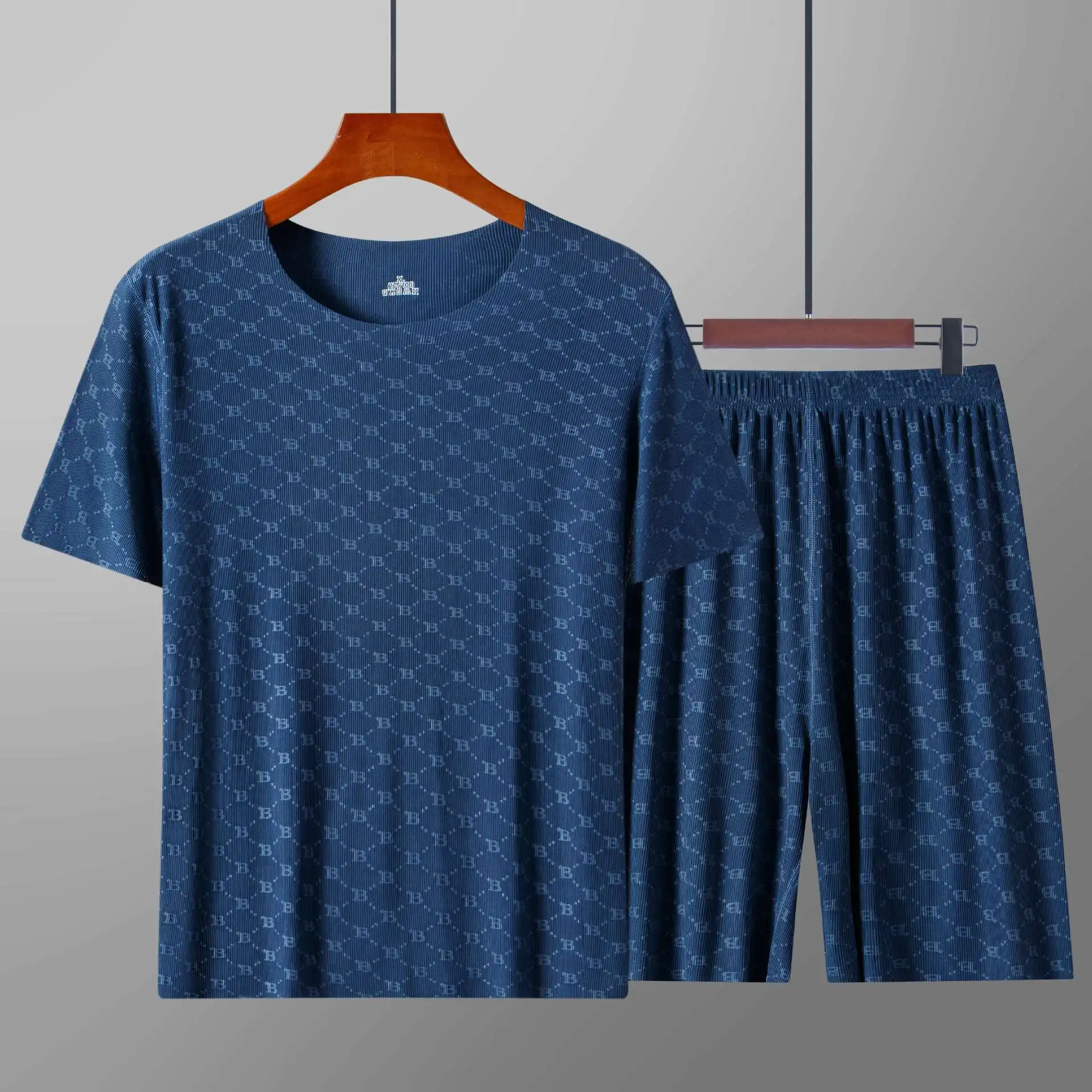 Men's Homewear Set Printed Ice Silk T-Shirt Short Sleeve Shorts Two-Piece Set Modal Casual Silky Cooling Sleepwear Men's Set