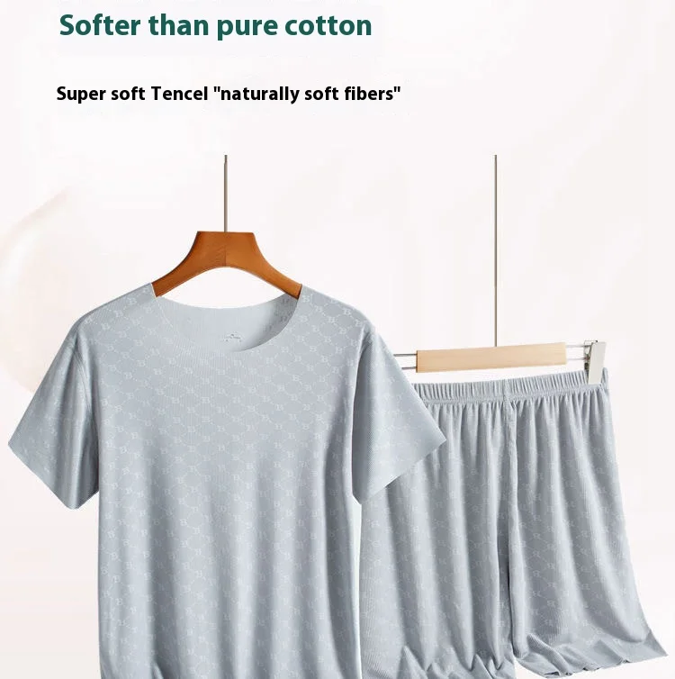 Men's Homewear Set Printed Ice Silk T-Shirt Short Sleeve Shorts Two-Piece Set Modal Casual Silky Cooling Sleepwear Men's Set